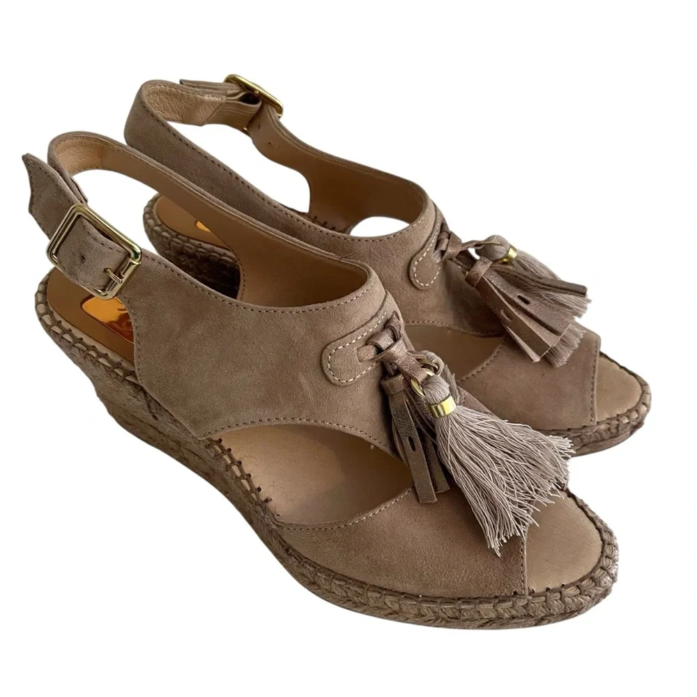 Kanna Tan Suede Wedge Sandals with Kiltie Tassel Detail 39(8.5) NEW - Picture 2 of 9